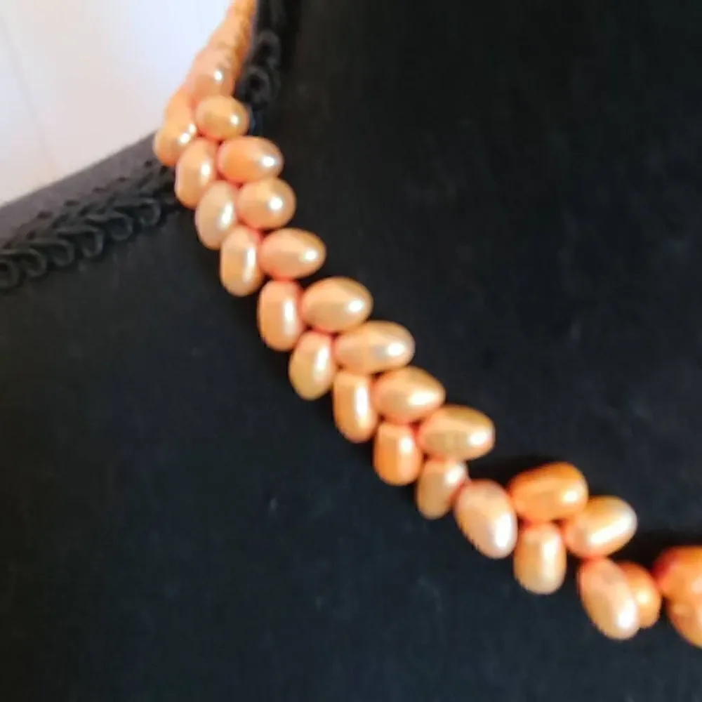 Womens Soft Golden Orange Gold Leaf Closure Double Layer Seed Pearl Necklace